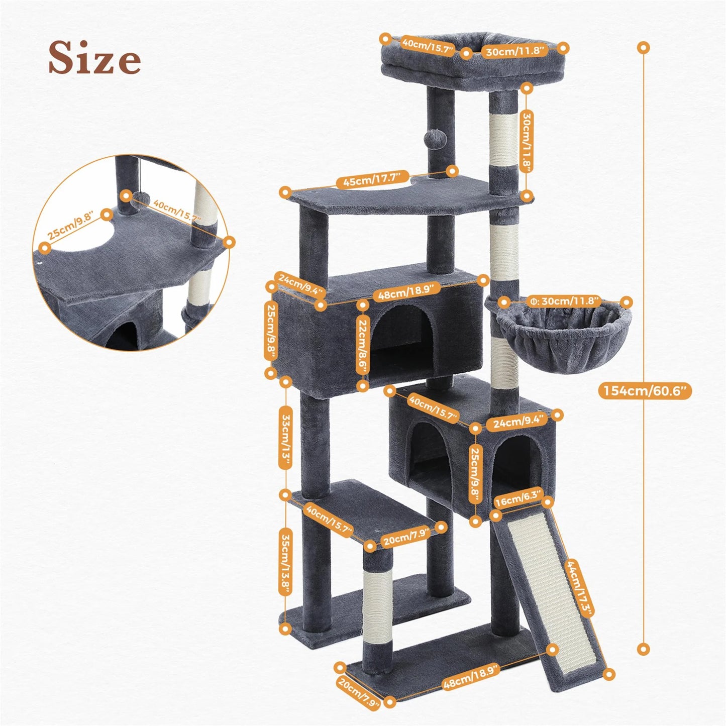 61" Tree Tower for Indoor Cats/Bunnies with Platform and Scratching Posts, Condo Tree House
