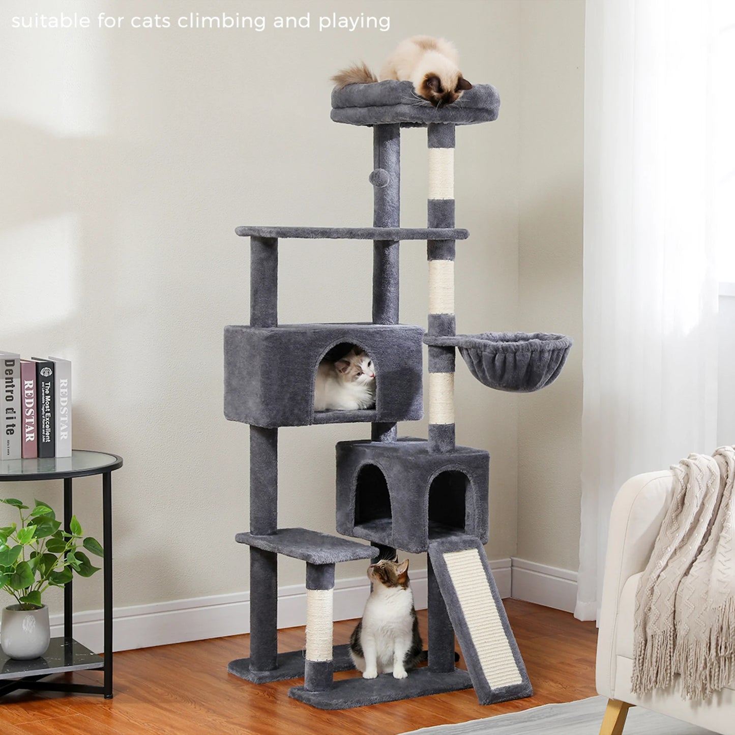 61" Tree Tower for Indoor Cats/Bunnies with Platform and Scratching Posts, Condo Tree House
