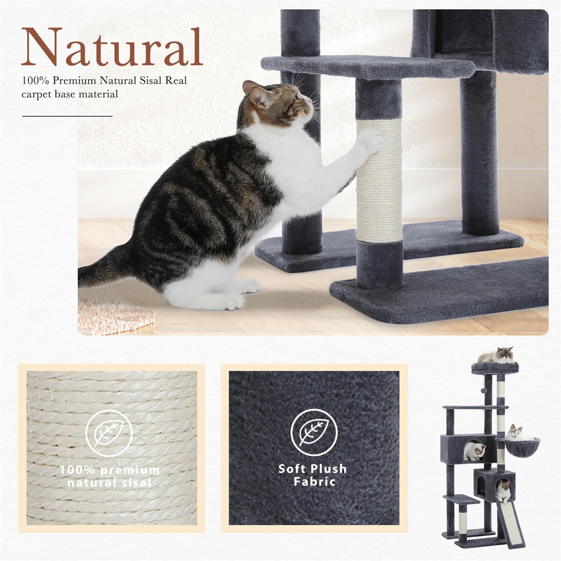 61" Tree Tower for Indoor Cats/Bunnies with Platform and Scratching Posts, Condo Tree House