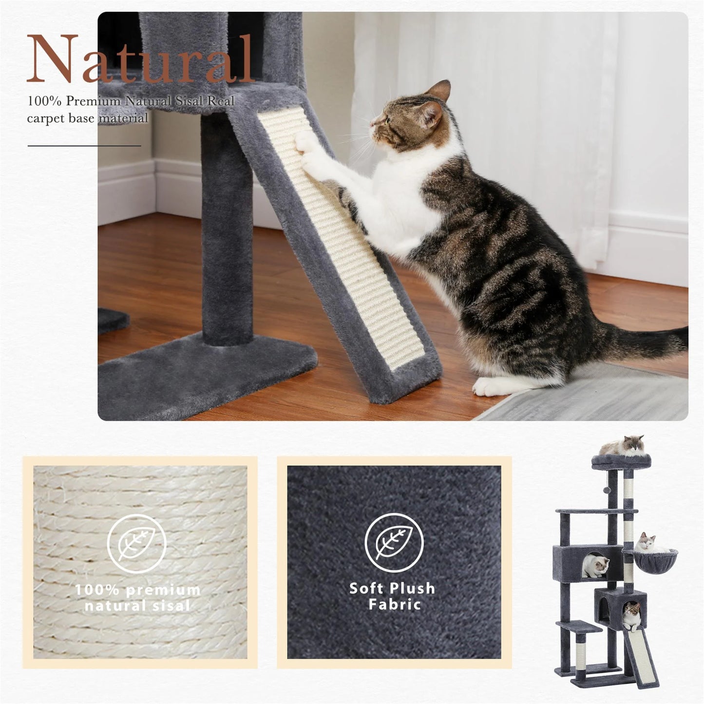 61" Tree Tower for Indoor Cats/Bunnies with Platform and Scratching Posts, Condo Tree House